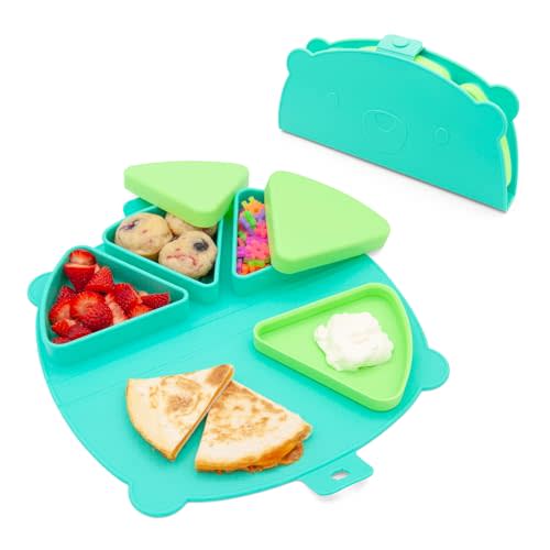 Silicone On-The-Go Snack Mat – Foldable Reusable Placemat with 3 Compartments and Lids – Travel-Friendly Baby and Toddler Snack Plate – Dishwasher Safe (Aqua)