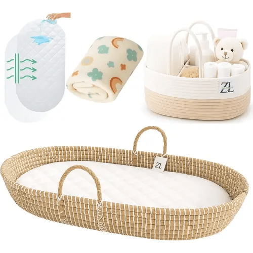 ZEAL'N LIFE Seagrass Baby Changing Basket, Baby Towel, Diaper Caddy & Waterproof Changing Pad | Portable Diaper Changing Topper for Dresser or Table | A Nursery Essential