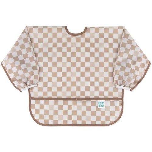 Bumkins Sleeved Bib for Girl or Boy, Baby and Toddler for 6-24 Mos, Essential Must Have for Eating, Feeding, Baby Led Weaning Supplies, Long Sleeve Mess Saving Food Catcher, Soft Fabric, Sand Check