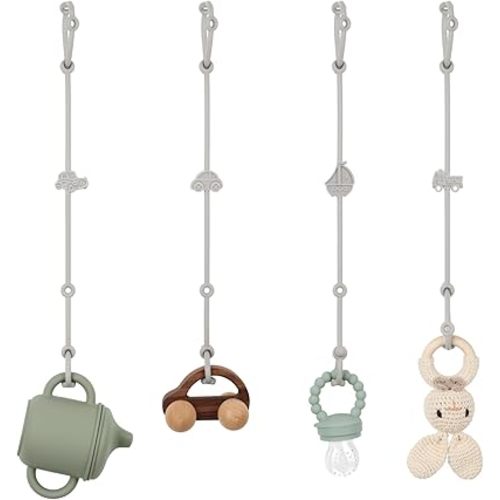 Toy Safety Straps, Silicone Pacifier Clips, 4Pack Adjustable Straps for Strollers, High Chair, Shopping Cart (Light Gray)