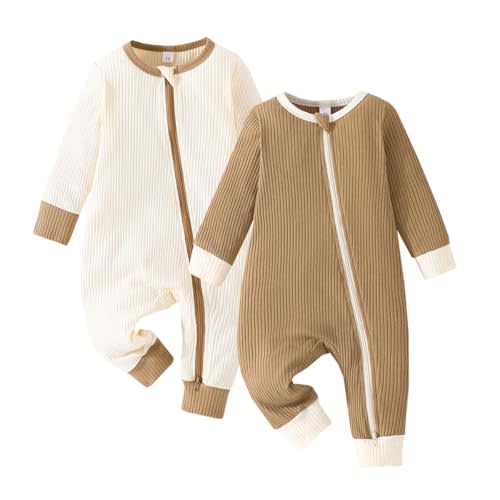 Bafeicao Unisex Baby Boy Girl 2 Pack Rompers Long Sleeve Two Way Zipper Romper One Piece Jumpsuits Clothes Sets