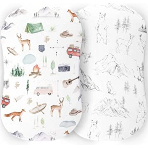 Pobibaby - 2 Pack Premium Bassinet Sheets for Standard Bassinets - Ultra-Soft Cotton Blend, Stylish Woodland Pattern, Safe and Snug for Baby (Explore)