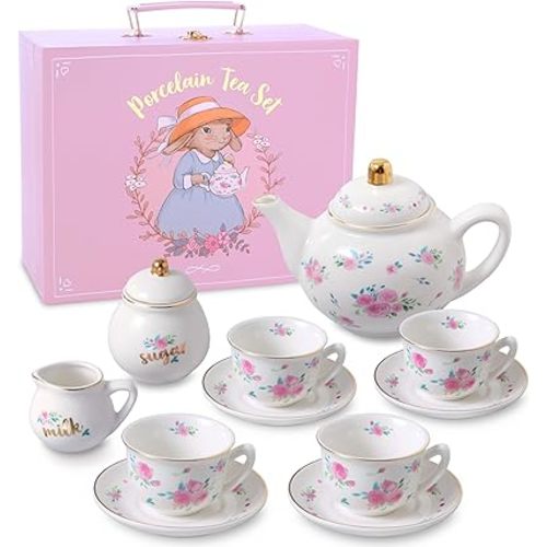 Porcelain Tea Set for Girls - White & Floral Tea Party Set for Kids I Complete Children Tea Sets with Carry Case, Teapot, Cups and More, Birthday Gift for Little Girls & Toddlers