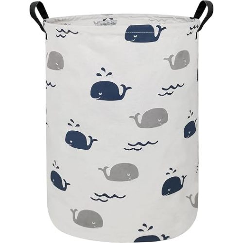 Foldable Waterproof Round Fabric Laundry Basket Home, Blue Cute Whale