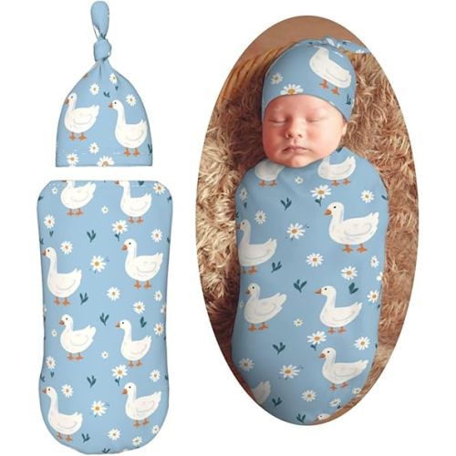 Cute White Geese Swaddle Blanket with Beanie Hat Set Newborn Swaddle Wrap Soft Baby Receiving Blankets Baby Swaddle Sleep Sack for Baby Boys and Girls
