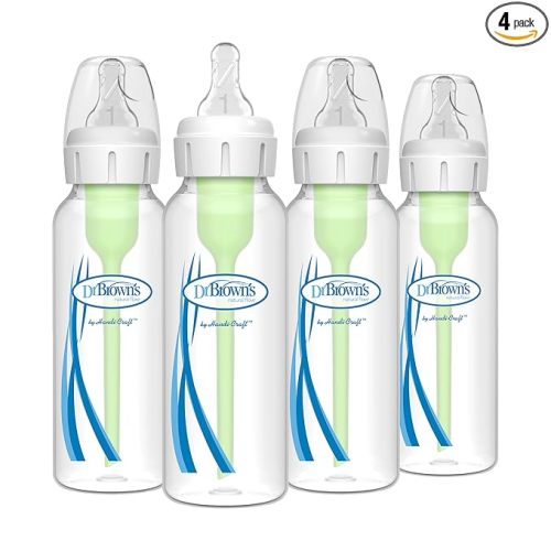 Dr. Brown's Natural Flow Anti-Colic Options+ Narrow Baby Bottle, 8 oz/250 mL, with Level 1 Slow Flow Nipples, 0m+, 4 Pack