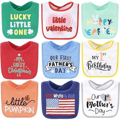 The Peanutshell Baby Boy or Girl Terry Bibs Set of 9-100% Cotton, Soft, Absorbent Baby Bibs for Boys and Girls, Unisex Toddler Set, Newborn & Infant - Holiday