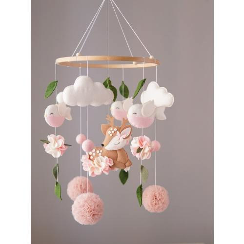 Deer baby woodland mobile. Baby shower gift. Boho baby mobile girl.