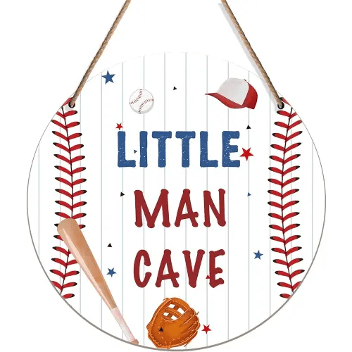 Little Man Cave Wooden Sign Space Decor, Baseball Lover Wood Hanging Wall Art Decor, Nursery Boys Kids Playroom Classroom Decor