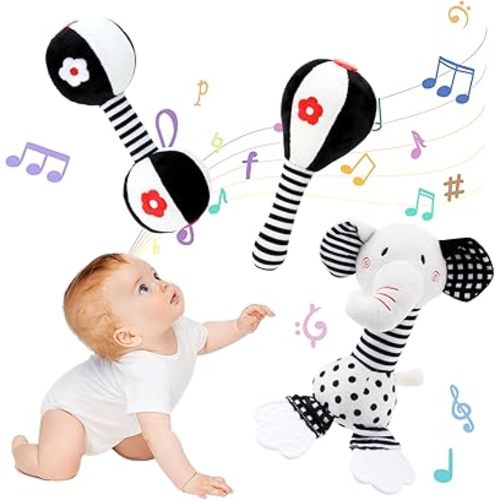 Soft Baby Rattles 0-6 Months Newborn Toys,Black and White High Contrast Baby Toys Rattle for Infants 0-3 6-12 Months Babies Montessori Brain Development Teether Chew Toy Plush(Eleplants)