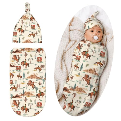 Qwalnely Western Style Swaddle Blanket with Hat for Baby, Swaddling Sleeping Sacks Unisex Baby Stuff, Western