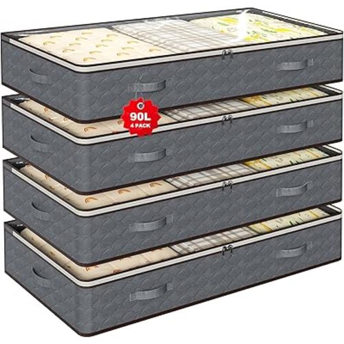 90L Under Bed Storage Containers,4-Pack Closet Organizer Storage Bins ,Grey