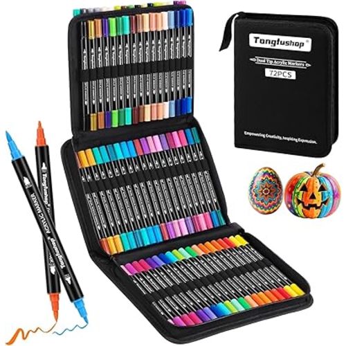 Tongfushop 72 Colors Acrylic Paint Markers, Dual Tip Acrylic Paint Pens for Rock Painting, Canvas, Wood, Stone, Glass, Ceramic, DIY Crafts, No Bleed Art Markers with Case for Artists, Kids & Adult
