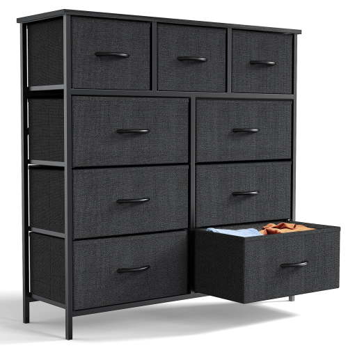 Fabric Storage Dresser with 9 Drawers, Steel Frame & Wooden Top for Bedroom, Entryway, Nursery - Tall Chest of Drawers for Organizing Clothes, Shoes, Toys & More, Black