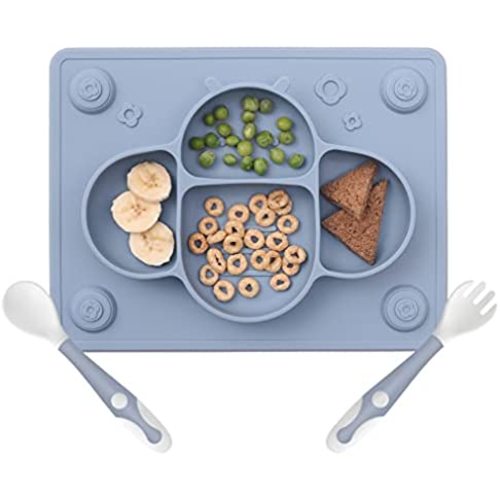 ROCCED Suction Plates for Baby placemat Spoon Fork Set for Toddlers, Silicone Baby Plates with Suction Baby Dishes for Kids Plates-dark blue