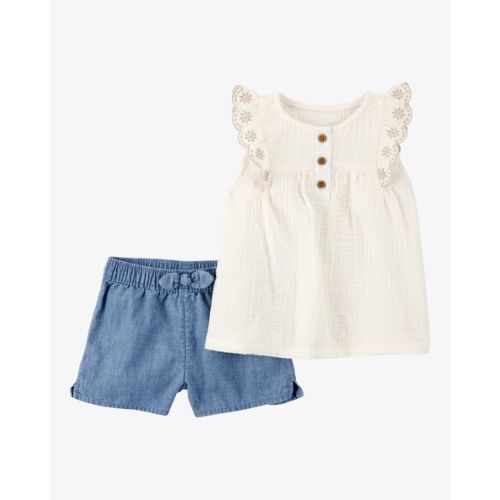 Baby 2-Piece Eyelet-Sleeve Tank & Pull-On Chambray Short Set - Carter's | Carter's