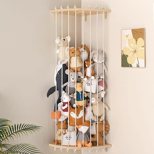 Stuffed Animal Storage Toy Storage Organizer, Wood Corner Plushies Storage Wall Shelf with Adjustable Length, Hanging Stuffed Animal Holder for Kids Playroom Bedroom Organizer