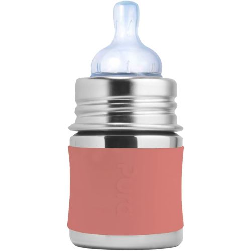 Pura Kiki 5oz/150ml Stainless Steel Anti-Colic Infant Bottle w/Silicone Natural Vent Nipple & Sleeve, 100% Plastic-Free, MadeSafe Certified, Medical-Grade Silicone - Rose Sleeve