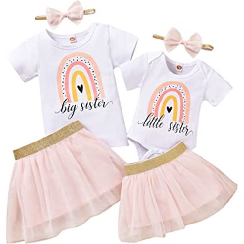 Big Sister Little Sister Matching Outfits Baby Girl Romper/Toddler Girl T-shirt Tops with Tutu Skirt Clothes Set