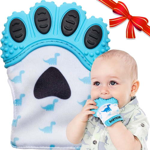 BabyNoms Teething Mitten | The Original Teething Paw | Safe Silicone Teething Toys or Teething Ring Provides Self-Soothing Teething Relief | Dino Blue Teether | Baby Boy Newborn Gift