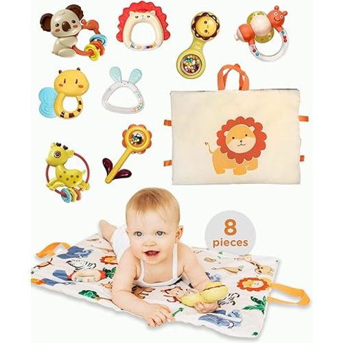 Move2Play, 8 Piece Baby Rattle and Tummy Time Mat Set | Rattle and Silicone Teething Toys | Baby Toys 3-6 Months | 3, 4, 5, 6 Month Old Must Have | Infant Gifts for Boys and Girls