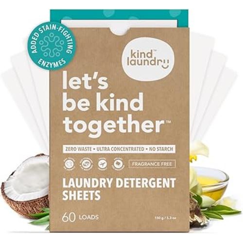 Kind Laundry Detergent Sheets with Powerful Stain-Fighting Enzymes - Biodegradable Plant Powered Eco-Friendly Laundry Soap Sheets - Home or Travel Laundry Detergent (Fragrance Free, 60 Loads)