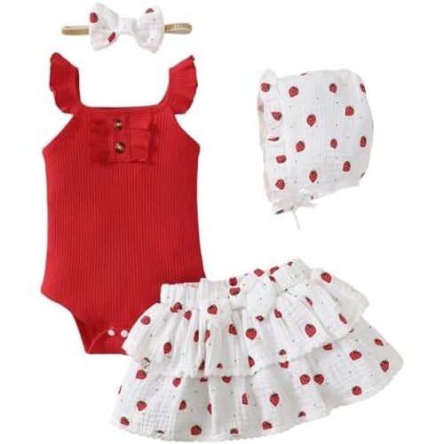 SUNNY PIGGY Baby Girl Outfit Newborn Clothes Short Set Infant Girl's Summer Cute Rufffle Sleeveless Romper 4PCS