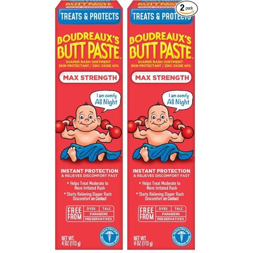 Boudreaux’s Butt Paste Max Strength Diaper Rash Cream for Baby, Ointment With Zinc Oxide, 4 Ounce Tube (Pack of 2)