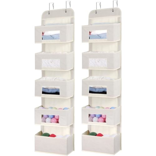 5-Shelf Over The Door Hanging Organizer with 2 Metal Hooks，5 Pocket Over The Door Wall Mount Storage with Clear Windows for Baby Nursery Bathroom Closet,Bedroom,Dorm(Beige-2 Pack)