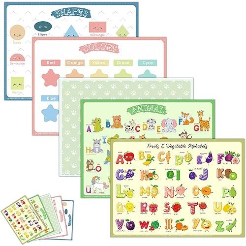 Disposable Placemats for Baby & Toddlers – Sticky Table Mats for Restaurants, Dining Table, Preschool & Parties – 5 Fun Designs Animal, Fruit, Alphabet, Star & Shape – 60-Pack, 12x16 Inches