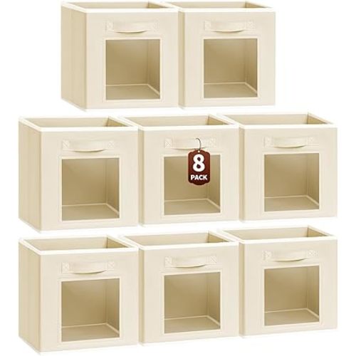 Foldable Storage Cubes - Cubby Storage Organizer with Window, Decorative Baskets for Organizing, Fabric Bins for Clothes Storage, Closet Storage Cubes-11inch, Set of 8, Beige