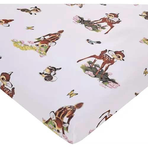 Disney Vintage Bambi - Tan, Green and White, Bambi and Thumper Floral Nursery Fitted Polyester Mini Crib Sheet