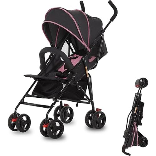 Dream On Me Vista Moonwalk Baby Stroller in Pink, Lightweight Infant Stroller with Compact Fold, Multi-Position Recline Umbrella Stroller with Canopy, Extra Large Storage and Cup Holder
