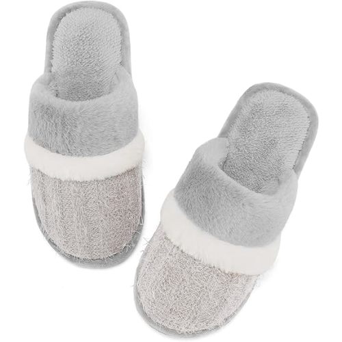 Womens Cozy Memory Foam Slippers Soft Warm Slip On Faux Fur House Slippers,Anti-Skid Rubber Sole,Creative Gifts for Women Mom Girlfriend
