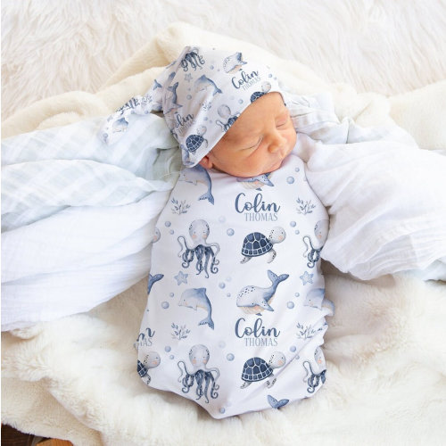 Custom Ocean Themed Swaddle Set - Personalized Boy Swaddle Blanket Sea Creatures -Under The Sea Baby Blanket- Nautical Baby Blanket s352
