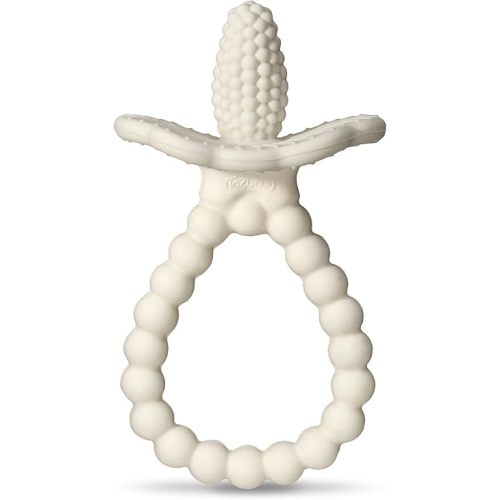 RaZbaby Silicone Baby Teether, BerryBumps Textured Silicone Soothes Babies’ Sore Gums, Infant Front and Back Teething Relief Toy, BPA Free, Easy-to-Hold, RaZberry Plus Fruit Shape, 3M+ – White