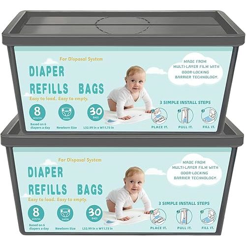 Diaper Pail Refills Bags with 30 Bags Compatible with Genie Easy Roll Signature and Platinum Diaper Pails, 7-Layer Odor-Barrier Technology