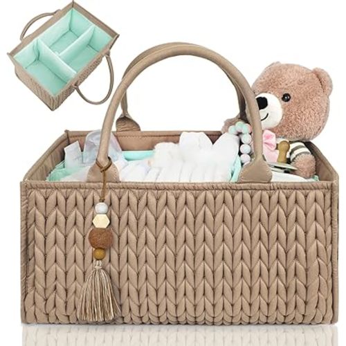 MOMINSIDE Diaper Caddy Organizer, Baby Basket Nursery Storage, Portable Changing Table Car caddy organizer for Girl Boy, Baby Registry Baby Shower Gifts, Newborn Essentials(Brown)