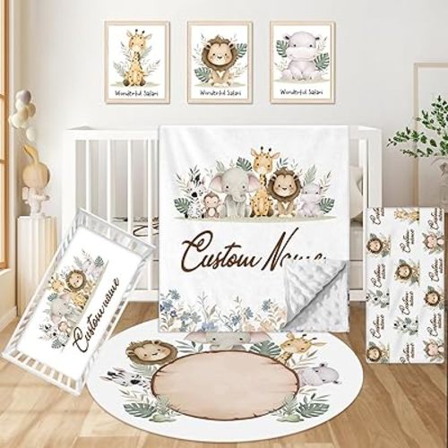 Personalized Baby Bedding Set, 5 Pcs Custom Baby Crib Sets with Name, Animal Safari Toddler Bedding Set for Baby Girls Boys, Double Layer Nursery Bundle​​, Customized Gifts for Infants Kids