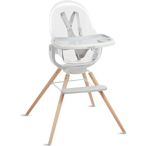 Munchkin® 360° Cloud™ Baby and Toddler High Chair with Clear Seat and 360° Swivel, White and Grey with Wooden Legs