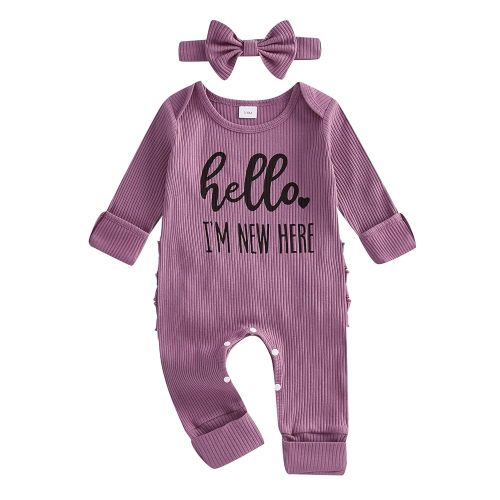 FIOMVA Im New Here Newborn Outfit Girl Long Sleeve Letter Romper Ribbed Knit Jumpsuit Baby Girl Preemie Coming Home Outfit