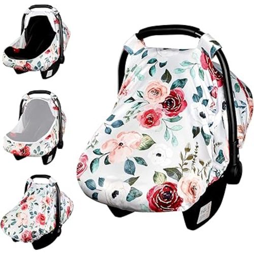 Car Seat Cover Baby Girls Boys, Breathable Infant Car Seat Cover for Newborn, Lightweight Carseat Cover Canopy with Mesh Window, Rose Floral
