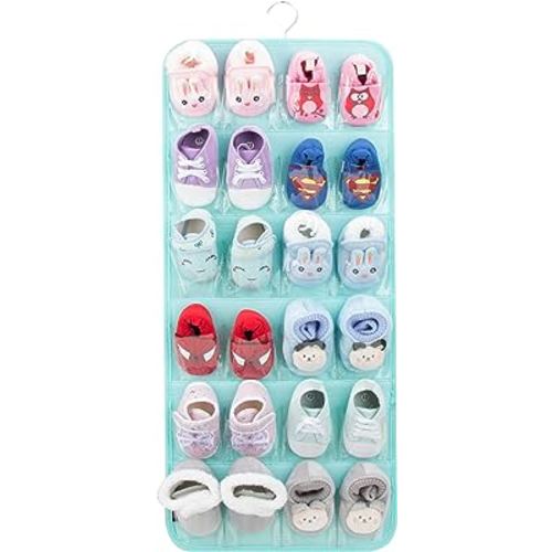 PACMAXI Over The Door Shoes Organizer for 12 Pairs of Baby Shoes Boys Girl, Hanging Baby Shoe Organizer with Hanger (Felt Material-Mint Green)