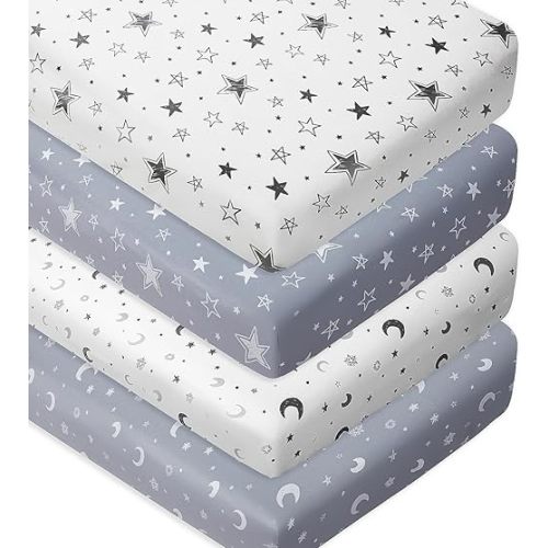 4 Pack Star and Moon Neutral Unisex Fitted Baby Sheets Set for Baby Boys or Girls (Crib Sheets)