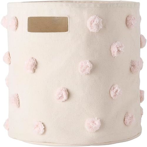 PEHR Pom Pom Basket, Bin (Blush) | 100% Cotton Canvas Storage for Nursery, Playroom & Home | Decorative Organizer | 13”D x 12”H