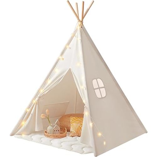 Tiny Land Teepee Tent for Kids – 100% Cotton Play Tent with Padded Mat & Star Lights, Foldable with Carry Bag, Indoor Play Tent for Girls & Boys