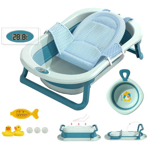 MONEHANE Foldable Baby Bath Tub for Boys and Girls, Portable Infants to Toddler Bathtub with Cushion & Thermometer,Unisex,Blue
