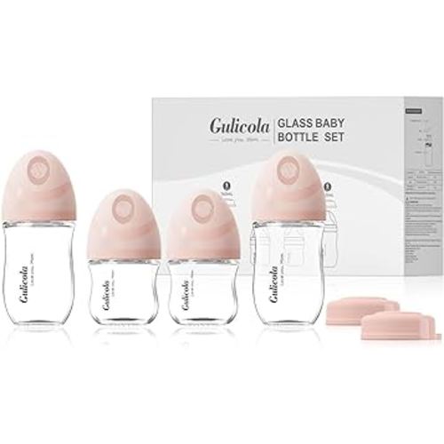 Natural Glass Baby Bottles Set 4 Pack, Newborn Girl Breastfeeding Bottles with Slow Flow Nipples, 0 Months+, 3 oz & 5 oz - Pink