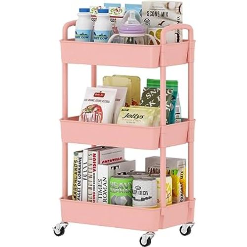 Sywhitta 3-Tier Plastic Rolling Utility Cart with Handle, Multi-Functional Storage Trolley for Office, Living Room, Kitchen, Movable Storage Organizer with Wheels, Pink