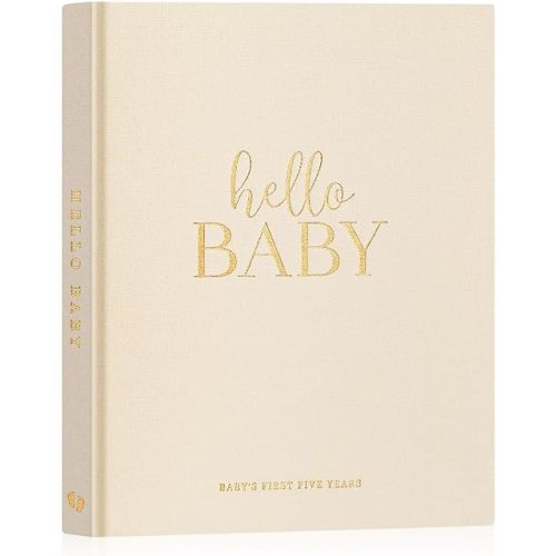 Lanpn Hello Baby First 5 Year Memory Book for Boy Girl - Linen Hardcover Baby Book Keepsake for New Parents - Newborn Baby Journal Scrapbook Photo Album Baby Milestone Book (Beige, 154 Pages)